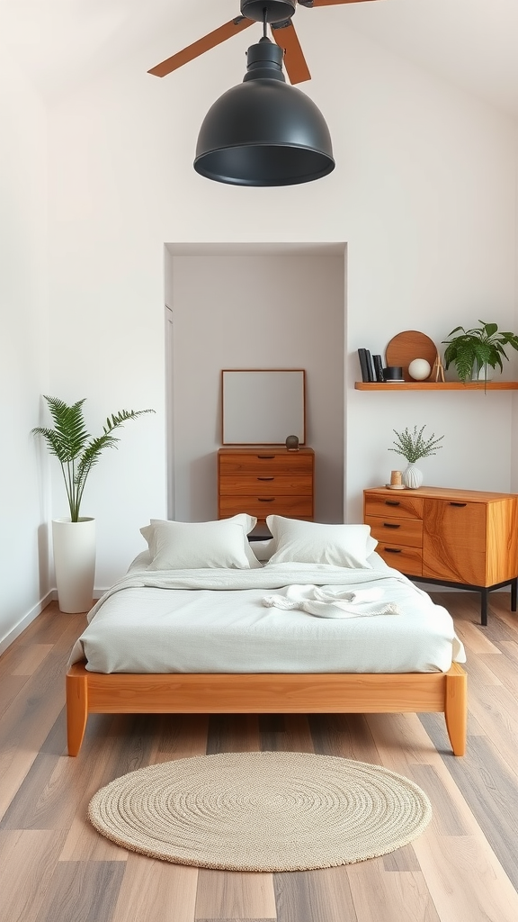 A minimalist modern rustic bedroom featuring a wooden bed, soft bedding, a pendant light, and a round area rug, with plants and minimalist furniture.