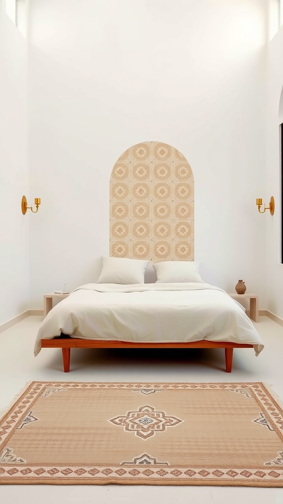 A minimalist Moroccan bedroom with a beige color palette, featuring an arched wall design, a simple bed, and a patterned rug.