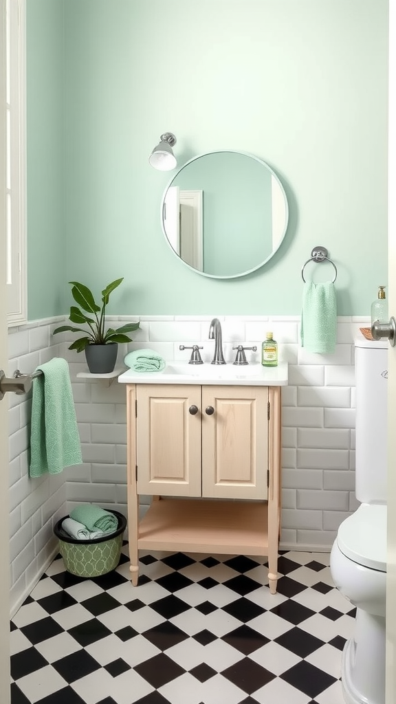 A mint green and white bathroom featuring a round mirror, green plant, and patterned black and white floor.