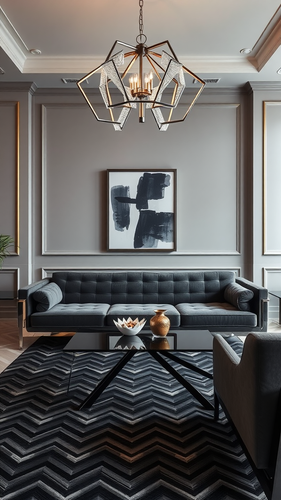 A modern Art Deco living room featuring a gray wall, a stylish chandelier, a plush gray sofa, a glass coffee table, and a chevron-patterned rug.