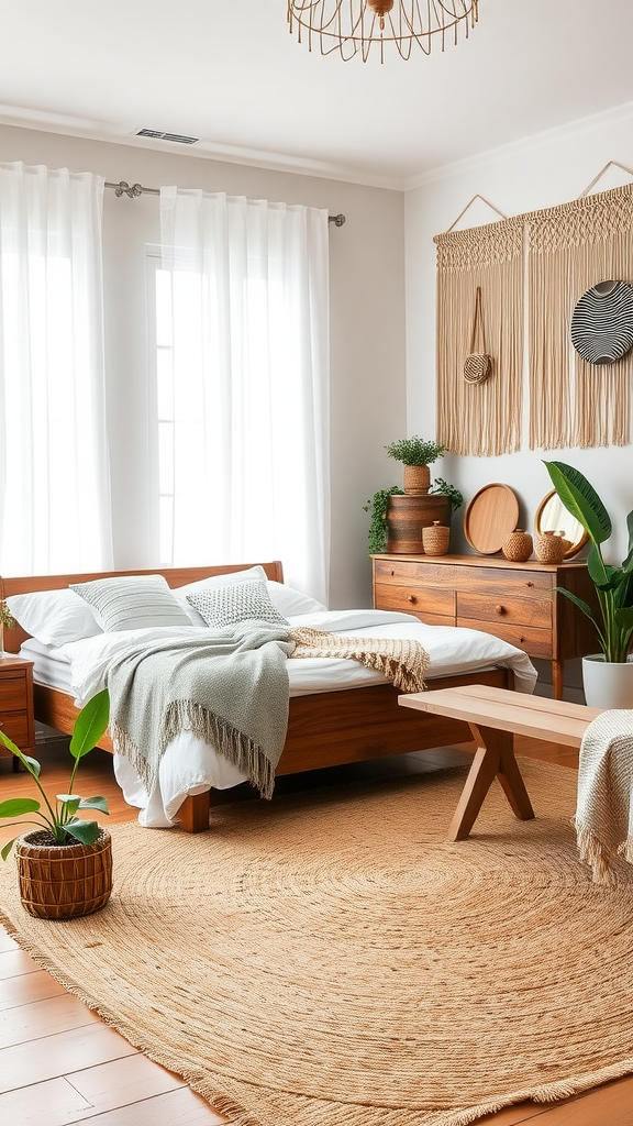 A modern bohemian farmhouse bedroom featuring a wooden bed, light curtains, and natural decor elements.