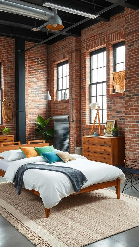 Modern bohemian urban bedroom with wooden furniture, colorful cushions, and exposed brick walls.