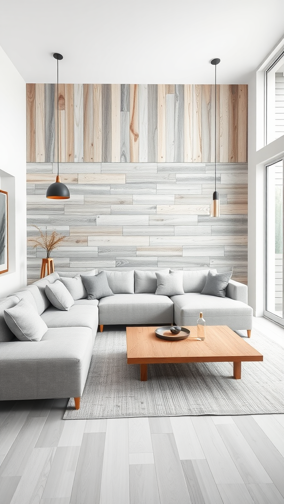 A modern cottage living room with a gray sectional sofa, wooden accent wall, and large windows.