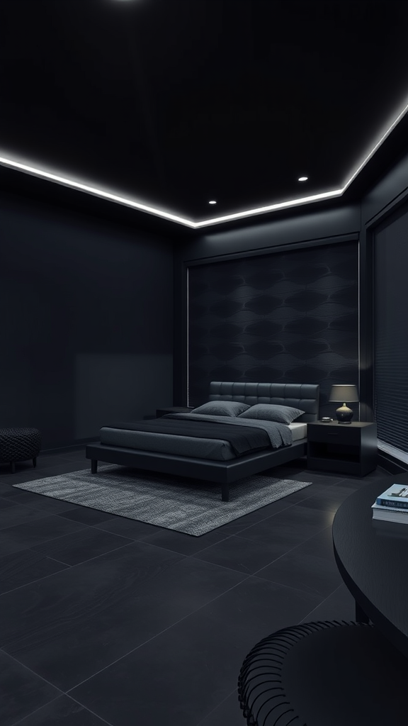 A modern dark bedroom with black walls, a bed with charcoal linens, and subtle lighting.