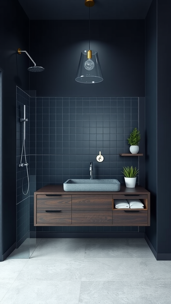 Modern bathroom with dark blue walls, wooden vanity, and stylish fixtures.