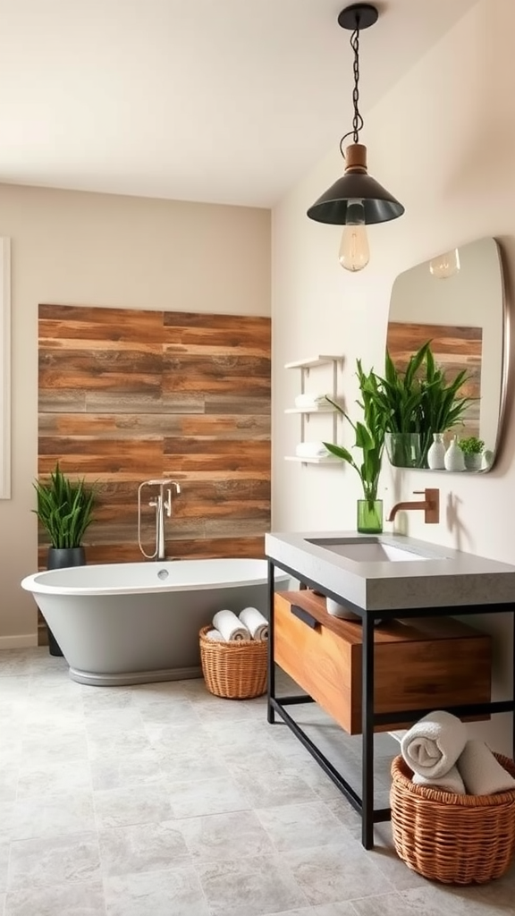 Modern farmhouse bathroom with industrial lighting, gray bathtub, wooden accent wall, and plants.