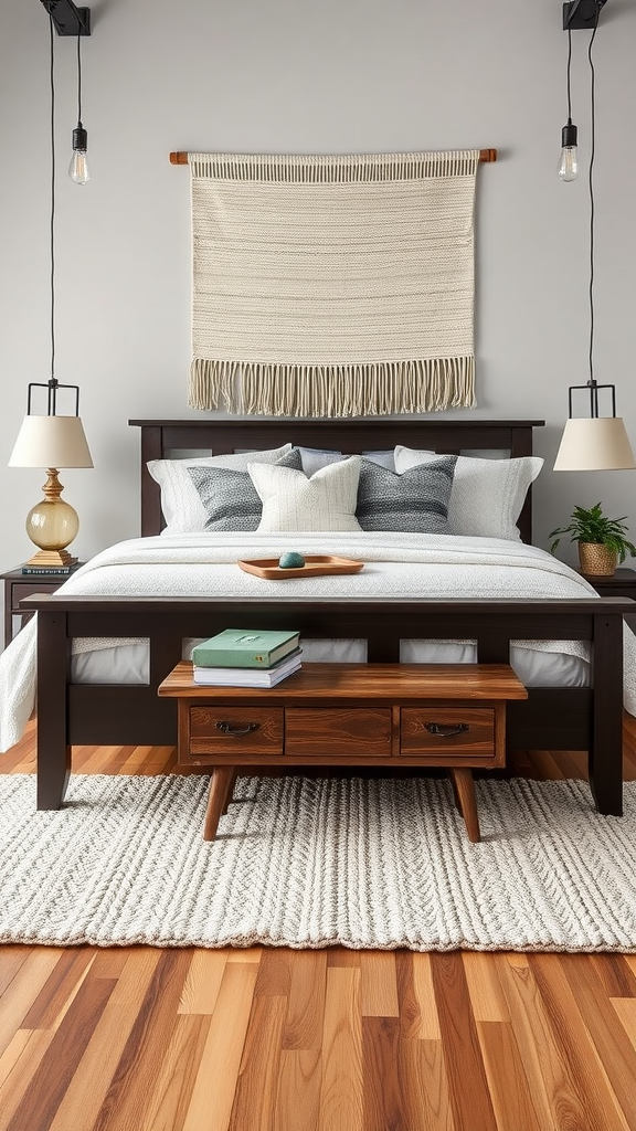 Cozy farmhouse bedroom featuring a wooden bed, textured wall hanging, and soft pillows.