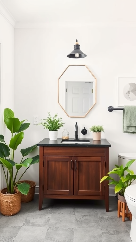 Modern farmhouse bathroom with dark wood vanity, green plants, and light decor