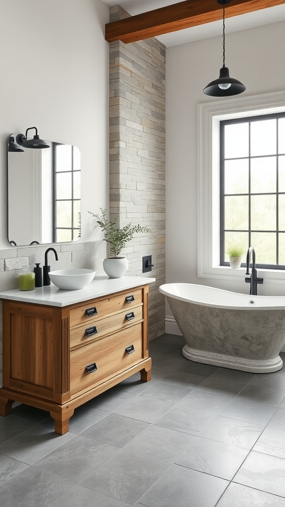 A stylish modern farmhouse bathroom featuring a stone accent wall, wooden vanity, and freestanding tub.