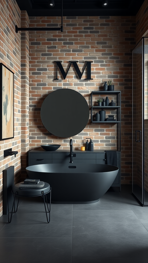 Modern industrial bathroom with exposed brick wall, freestanding bathtub, and sleek fixtures.