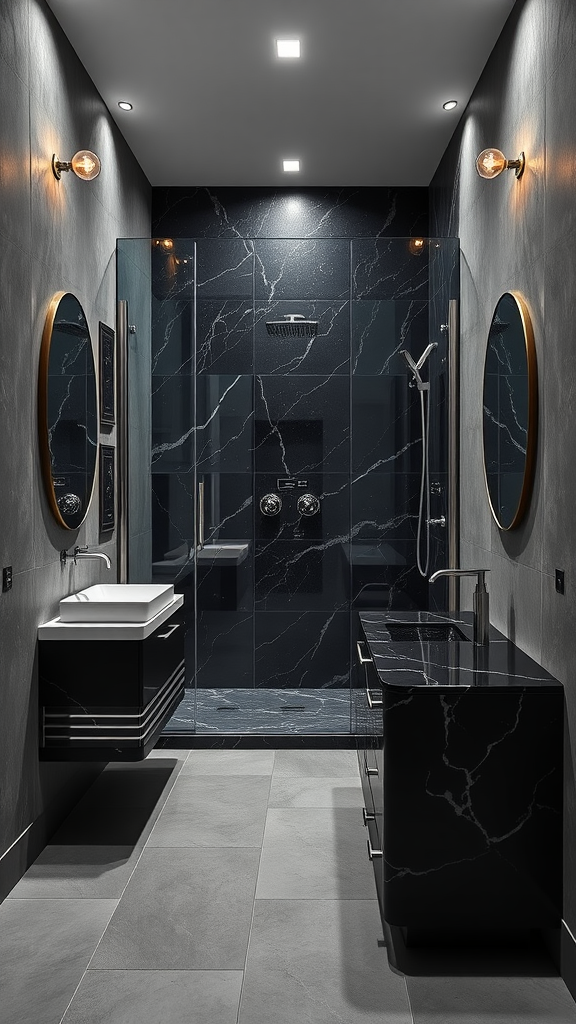 A modern industrial bathroom featuring dark marble walls and sleek fixtures