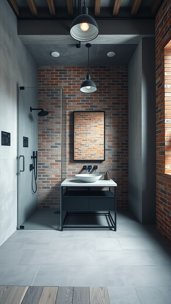 A modern industrial bathroom featuring a glass wall, exposed brick, and minimalistic design.