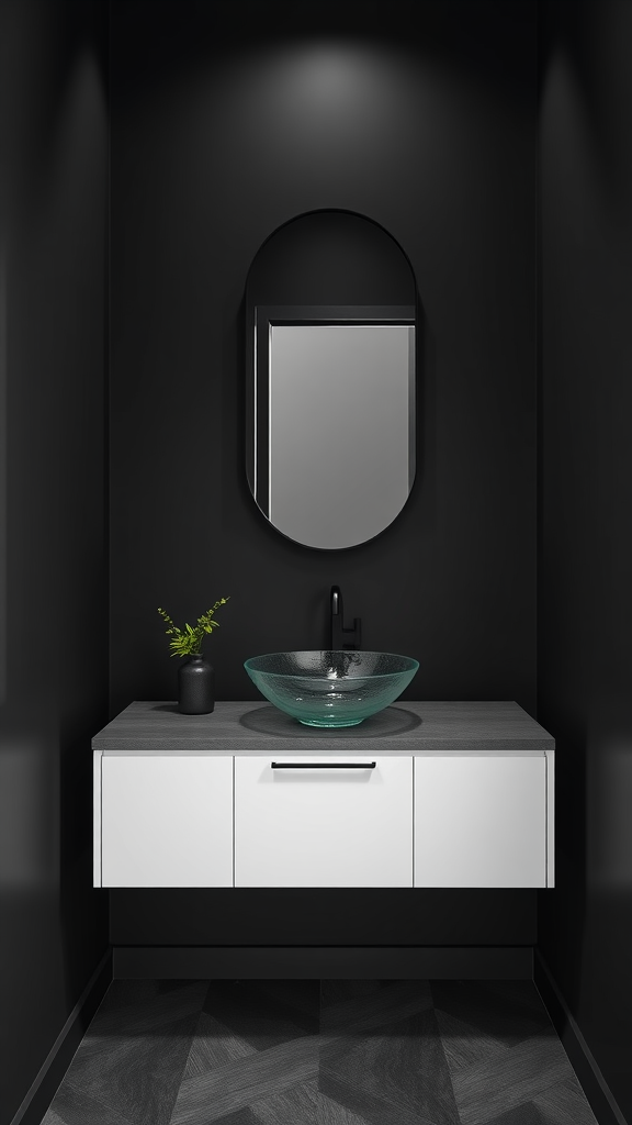 A modern minimalist half bathroom with a black wall, white vanity, and a clear vessel sink.