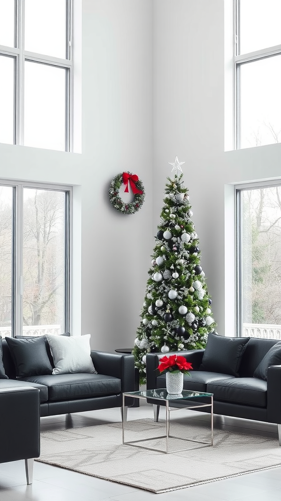 Modern minimalist living room decorated for Christmas with a tree, wreath, and festive flowers.