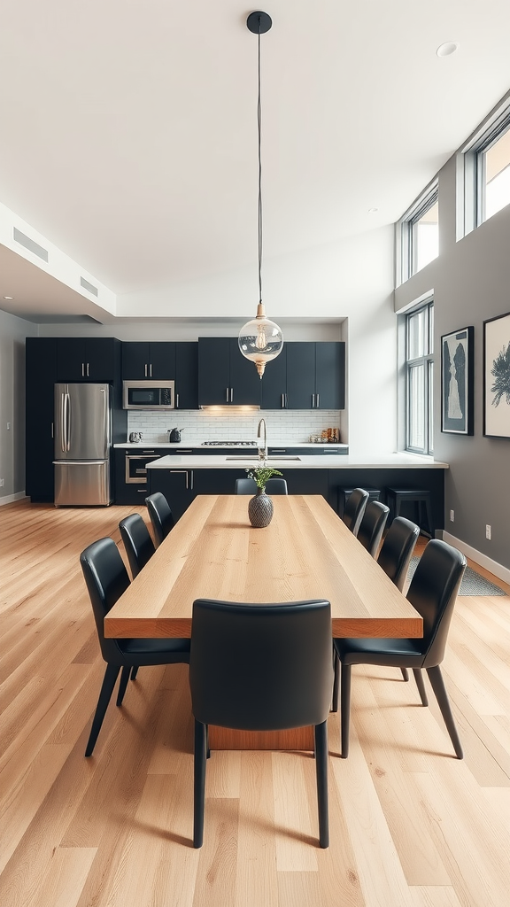 Modern minimalist kitchen and dining room with dark cabinets and a wooden dining table