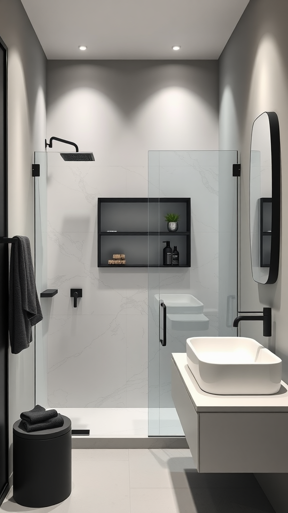 Modern minimalist bathroom design showcasing a sleek shower, floating vanity, and stylish decor