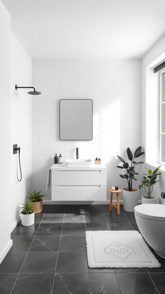 Minimalist bathroom with black and white fixtures and a plant