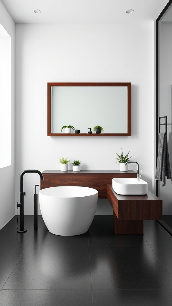 Modern minimalist bathroom featuring a white freestanding tub, dark tiles, wooden vanity, and small plants.