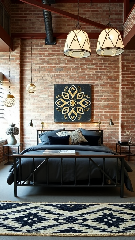 A modern Moroccan-inspired bedroom with brick walls, stylish lighting, dark bedding, and patterned decor.