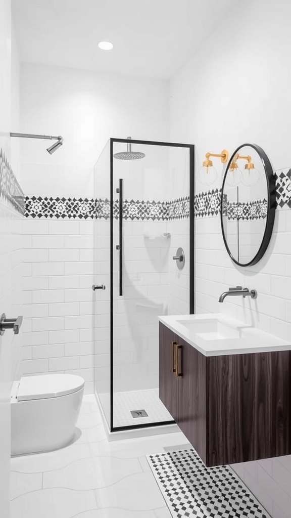 A modern Moroccan inspired bathroom with a glass shower, dark wood vanity, gold fixtures, and geometric tile accents.