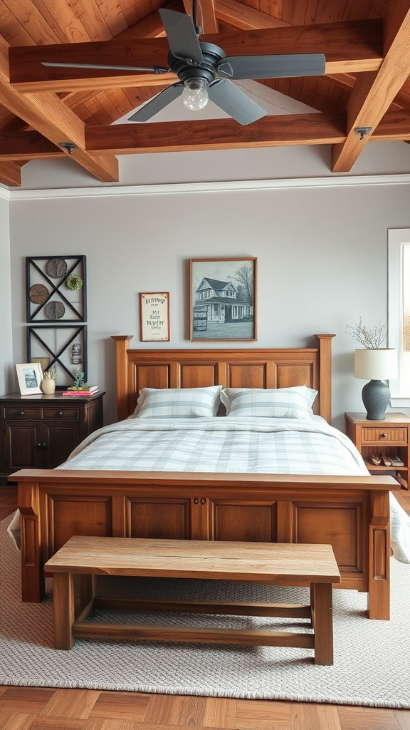 A cozy modern rustic farmhouse bedroom with wooden furniture, a checkered bedspread, and exposed beams.