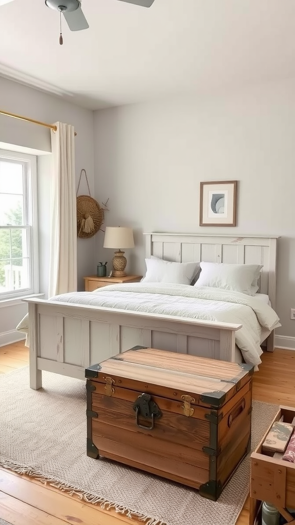 A serene modern rustic guest bedroom featuring a wooden bed, cozy bedding, and a vintage trunk.