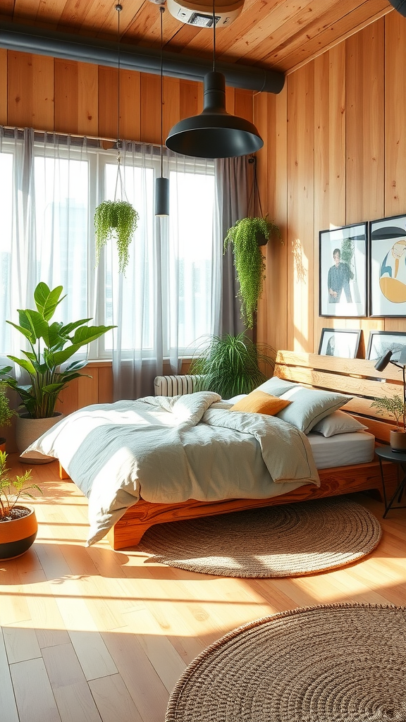 A modern rustic bedroom featuring wooden walls, a cozy bed, and greenery for a refreshing atmosphere.