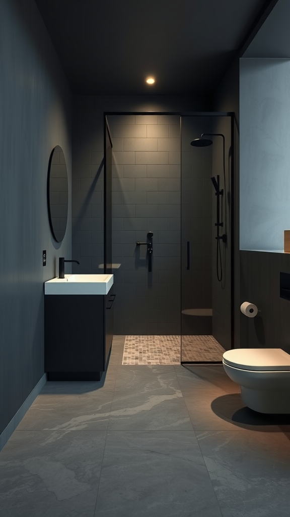 Modern bathroom featuring slate gray walls, black fixtures, and a glass shower