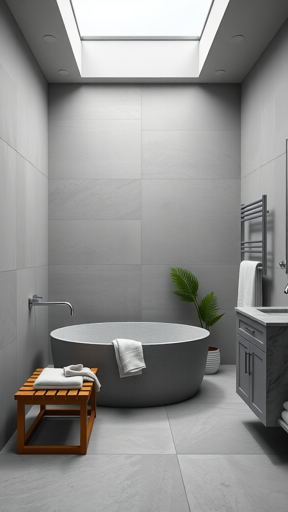 Modern bathroom featuring a stone bathtub, gray tiles, and a wooden stool with towels.