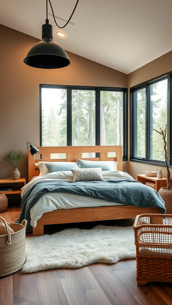 A modern rustic bedroom featuring a wooden bed, large windows with a view of trees, a fluffy rug, and natural decor.