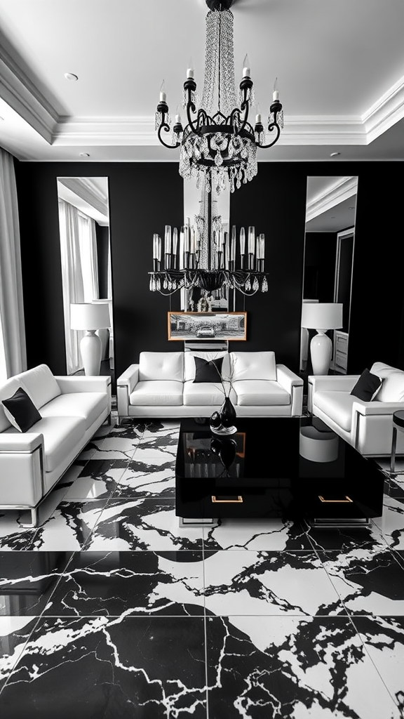 Elegant Art Deco living room with black and white decor, featuring modern furniture and a chandelier.