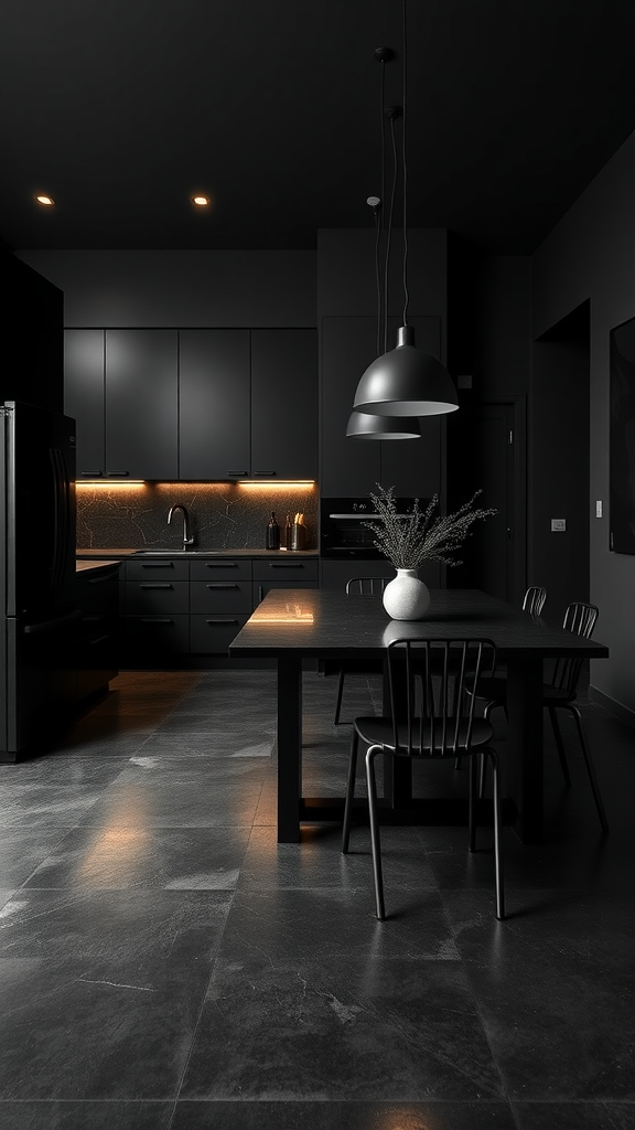 A modern black kitchen and dining area featuring black cabinets, a dining table, and stylish chairs, illuminated with warm lighting.