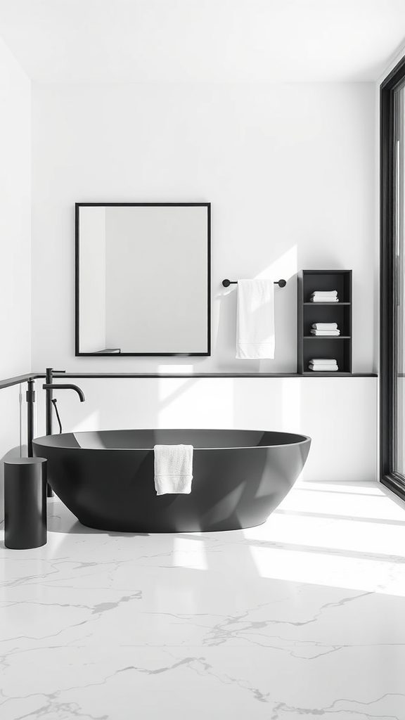 A minimalist bathroom featuring a black tub and white walls, showcasing monochrome contrast.