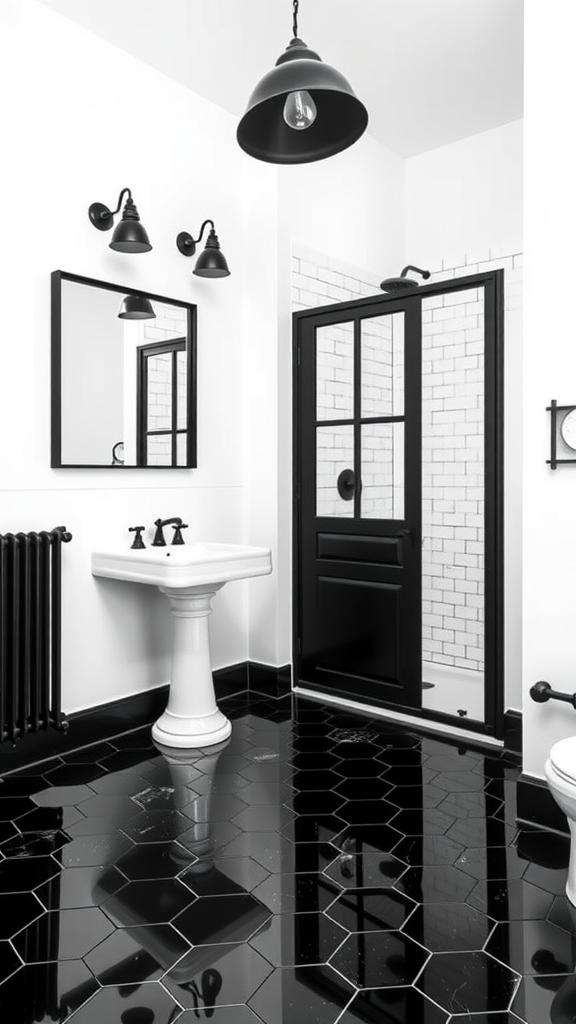 A modern monochrome farmhouse bathroom featuring black hexagonal tiles, a pedestal sink, and stylish lighting.