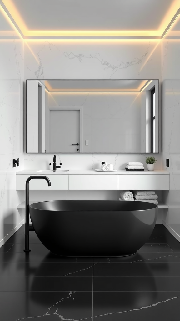 A minimalist bathroom featuring a black freestanding tub, white cabinetry, and marble accents.