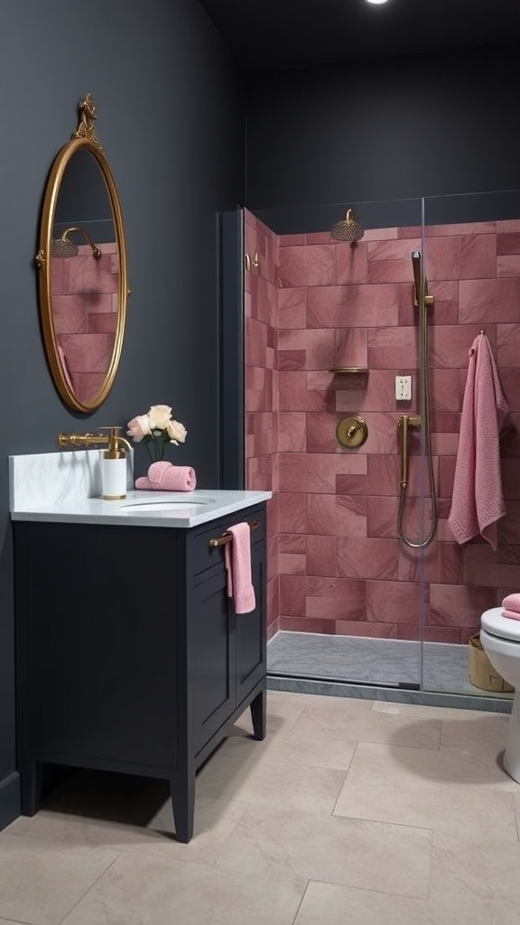 A stylish bathroom featuring moody charcoal walls with soft rose-colored tiles in the shower, a dark vanity with gold fixtures, and decorative elements like pink towels and flowers.