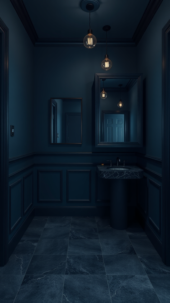 Dark blue bathroom featuring black accents with stylish lighting and mirrors