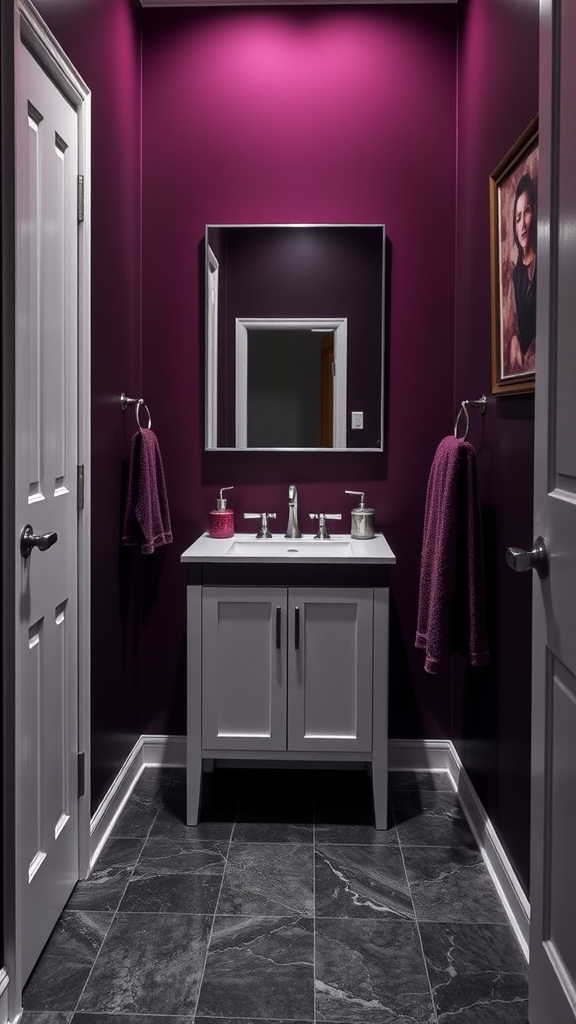 Half bathroom featuring moody purple walls, silver accents, and a modern gray vanity.