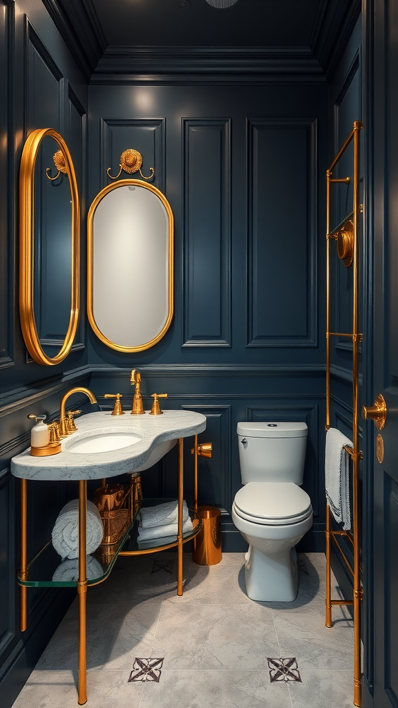 Small bathroom with moody slate blue walls and gold fixtures, featuring a marble sink and elegant mirrors.