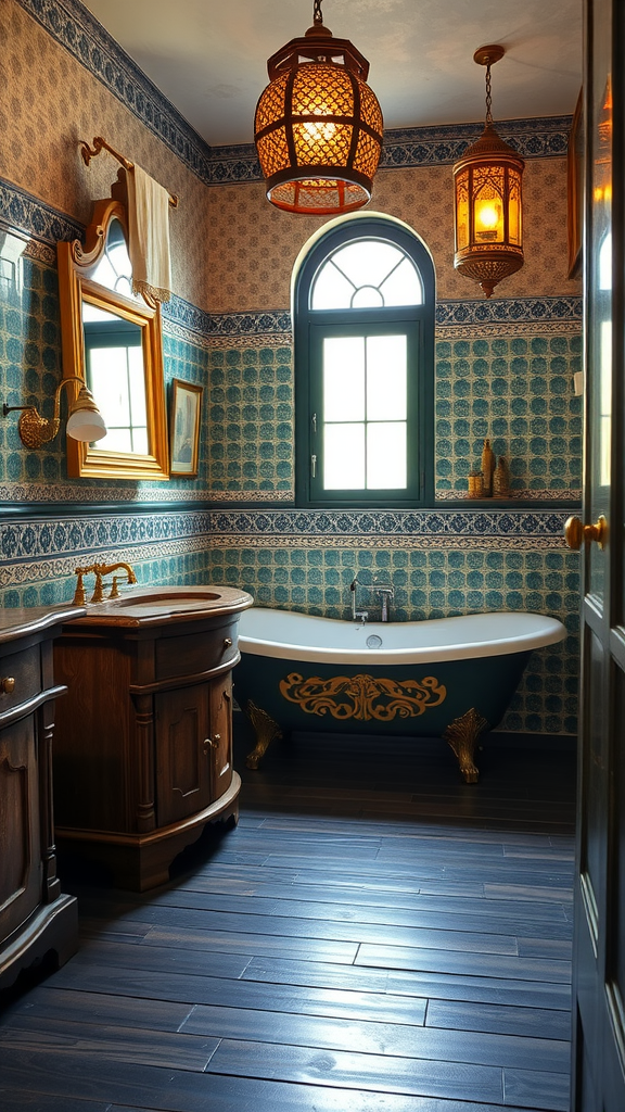 A beautifully designed Moroccan bathroom featuring patterned tiles, a wooden vanity, and elegant lantern lighting.