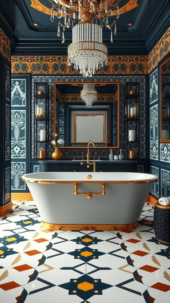 A luxurious Moroccan-inspired bathroom featuring dark blue walls, geometric patterned floor tiles, a gold-trimmed bathtub, and a sparkling chandelier.