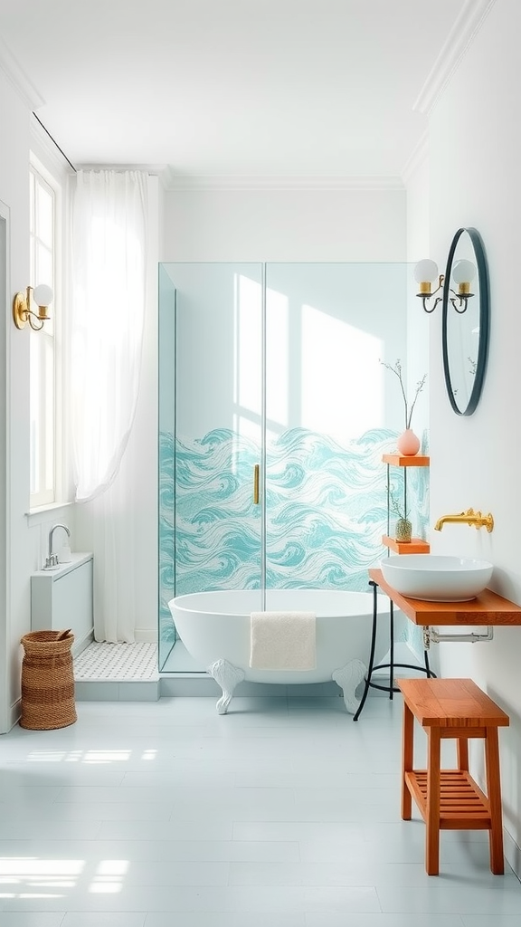 A bright and airy Moroccan-style bathroom featuring a wave-patterned shower area, a freestanding tub, and light wood accents.