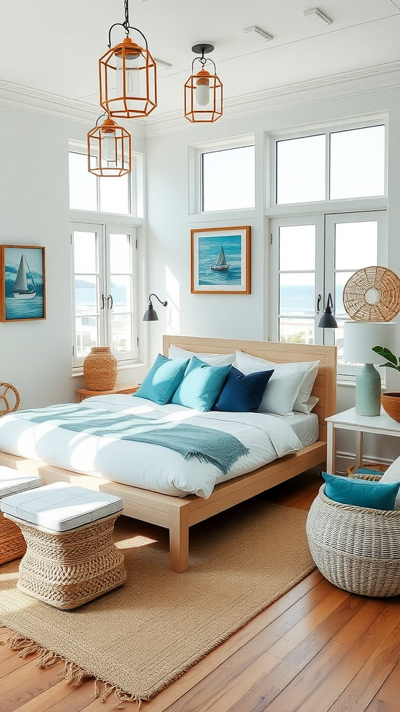 A bright and airy Moroccan-inspired bedroom with large windows, a light wooden bed, teal cushions, and coastal-themed artwork.