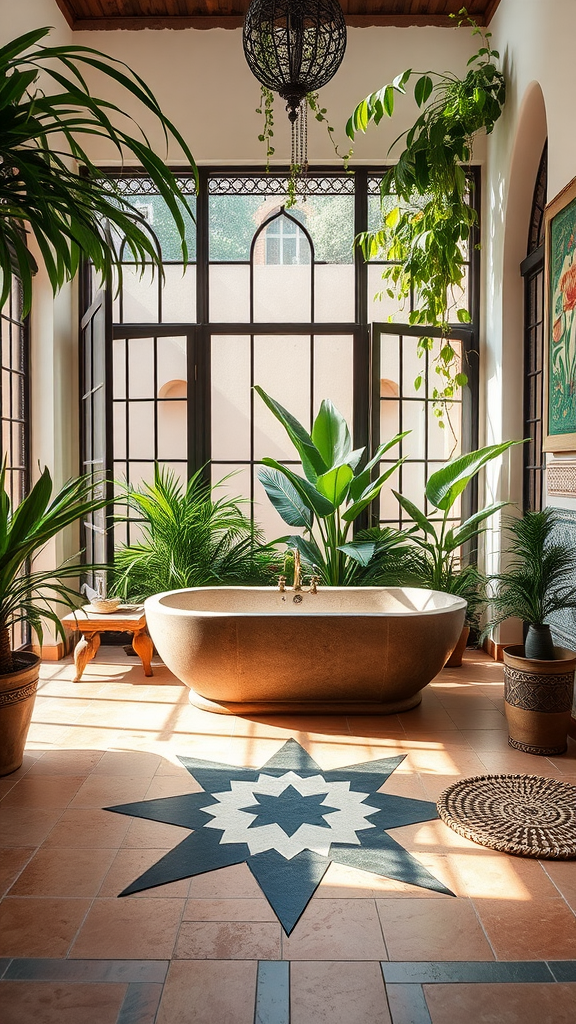 A Moroccan-inspired bathroom featuring a freestanding tub, large windows, plants, and a patterned tile floor.