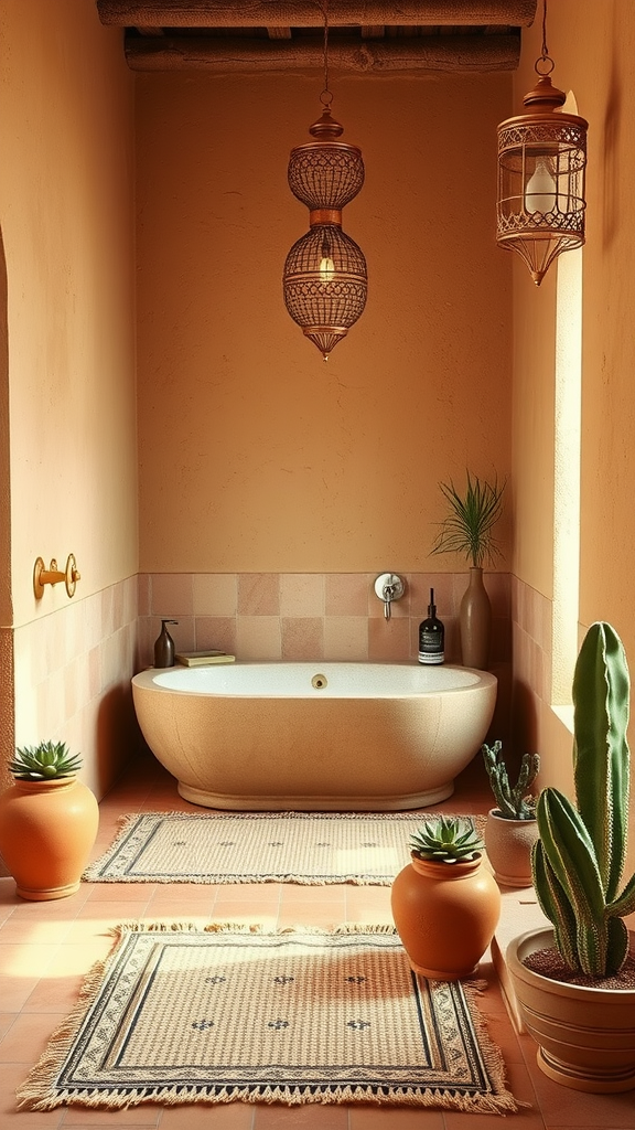 A serene Moroccan bathroom featuring warm tones, a freestanding tub, decorative rugs, and hanging lanterns.