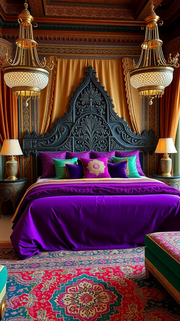 A luxurious Moroccan bedroom featuring purple bedding, ornate black headboard, golden chandeliers, and colorful cushions