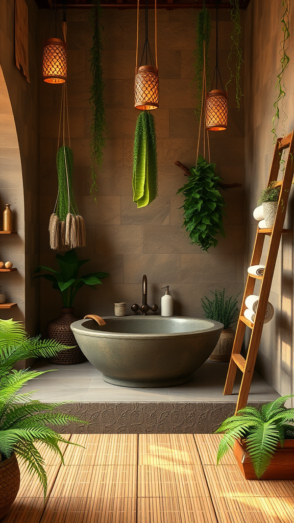 A Moroccan bathroom with a round tub, hanging plants, soft lighting, and wooden elements.