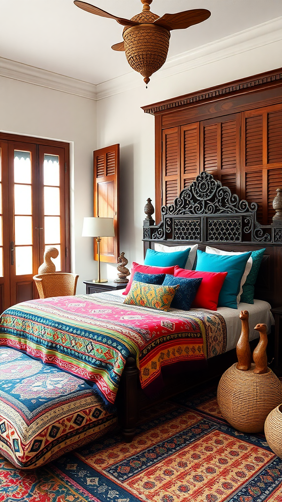 A vibrant Moroccan bedroom showcasing colorful textiles, carved wooden furniture, and natural light.