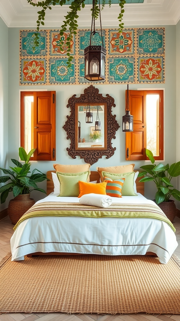 A cozy Moroccan bedroom featuring colorful tilework, wooden windows, and harmonious plants.