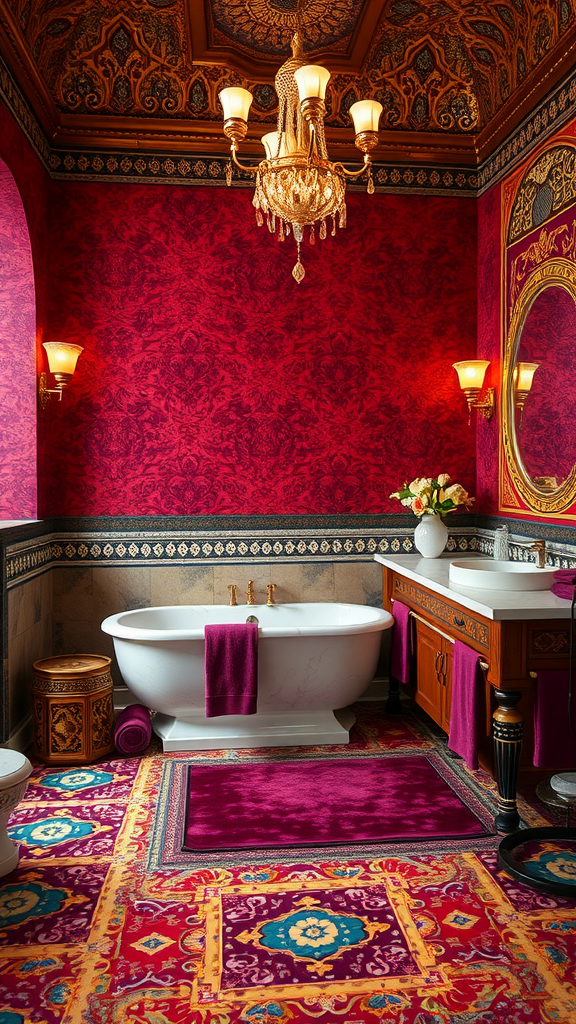 Luxurious Moroccan bathroom with jewel tones in red and purple, featuring an ornate chandelier and intricate patterns.